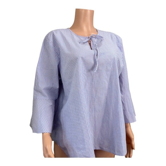 VAN HEUSEN Women SZ XXL Blue/Pink Gingham Print Basic Top Blouse Bell Sleeve - Picture 7 of 10